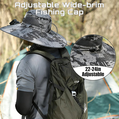 Solar Fan Hat for Men & Women, UPF 50+ Wide Brim Sun Protection Fishing Hat with Built-In Cooling Fan, Dual Power Supply (Solar & USB Rechargeable), Waterproof Outdoor Safari Cap, Breathable Mesh Cooling Gear for Golf, Hiking, Gardening, Camping & Sports