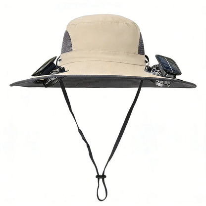 Solar Fan Hat for Men & Women, UPF 50+ Wide Brim Sun Protection Fishing Hat with Built-In Cooling Fan, Dual Power Supply (Solar & USB Rechargeable), Waterproof Outdoor Safari Cap, Breathable Mesh Cooling Gear for Golf, Hiking, Gardening, Camping & Sports