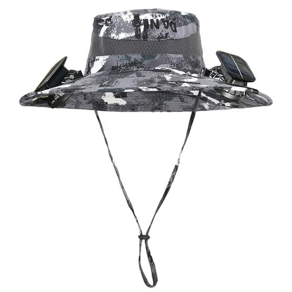 Solar Fan Hat for Men & Women, UPF 50+ Wide Brim Sun Protection Fishing Hat with Built-In Cooling Fan, Dual Power Supply (Solar & USB Rechargeable), Waterproof Outdoor Safari Cap, Breathable Mesh Cooling Gear for Golf, Hiking, Gardening, Camping & Sports