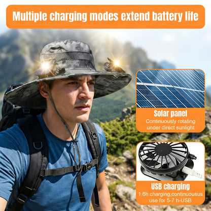 Solar Fan Hat for Men & Women, UPF 50+ Wide Brim Sun Protection Fishing Hat with Built-In Cooling Fan, Dual Power Supply (Solar & USB Rechargeable), Waterproof Outdoor Safari Cap, Breathable Mesh Cooling Gear for Golf, Hiking, Gardening, Camping & Sports