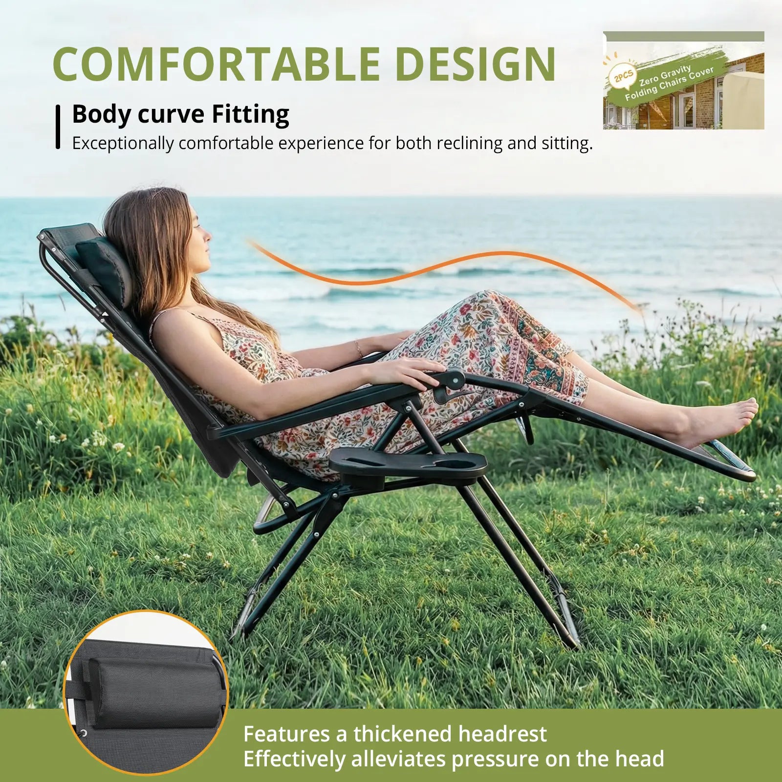 VOWNER 2PCS Folding Zero Gravity Chair Outdoor,Recliner with Adjustable Positions,Canopy Shade, Headrest,Tray