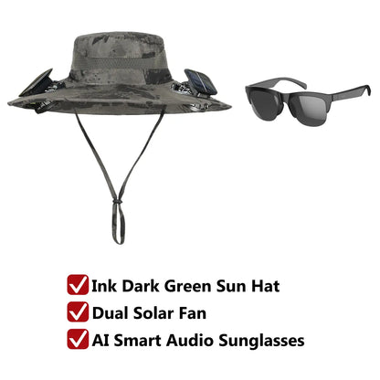 Solar Fan Hat for Men & Women, UPF 50+ Wide Brim Sun Protection Fishing Hat with Built-In Cooling Fan, Dual Power Supply (Solar & USB Rechargeable), Waterproof Outdoor Safari Cap, Breathable Mesh Cooling Gear for Golf, Hiking, Gardening, Camping & Sports