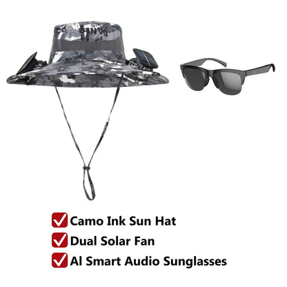 Solar Fan Hat for Men & Women, UPF 50+ Wide Brim Sun Protection Fishing Hat with Built-In Cooling Fan, Dual Power Supply (Solar & USB Rechargeable), Waterproof Outdoor Safari Cap, Breathable Mesh Cooling Gear for Golf, Hiking, Gardening, Camping & Sports