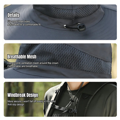 Solar Fan Hat for Men & Women, UPF 50+ Wide Brim Sun Protection Fishing Hat with Built-In Cooling Fan, Dual Power Supply (Solar & USB Rechargeable), Waterproof Outdoor Safari Cap, Breathable Mesh Cooling Gear for Golf, Hiking, Gardening, Camping & Sports