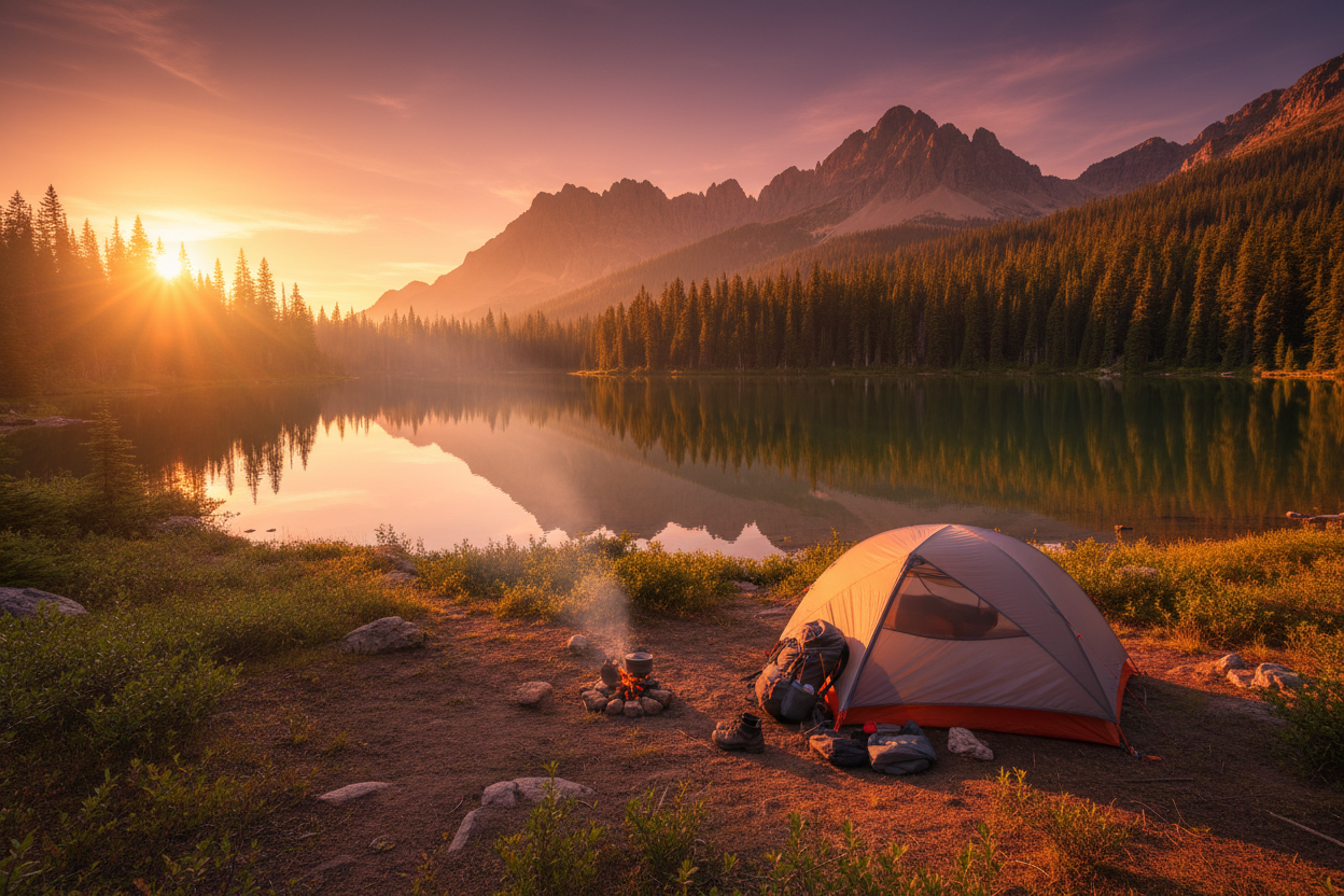 Mountain lake campsite at golden hour
